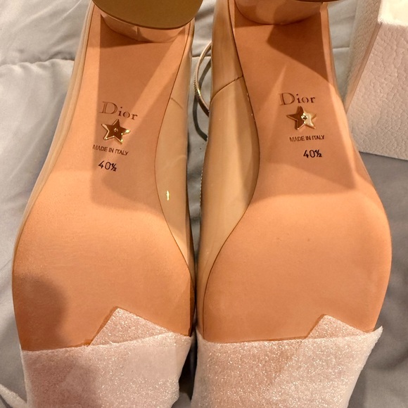 Dior Beige Patent Leather Ankle-Strap Pumps with Gold Medallion - Picture 4 of 7